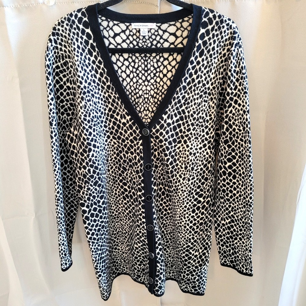 Isaac Mizrahi Live Women Cardigan Large Animal Print Retro Button Up Long 16158x
